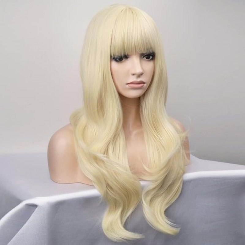 BERON Blonde Wig Long Wavy Wig with Bangs Synthetic Wig Long Wig Blonde Wigs for Cosplay Costume Party with Wig Cap