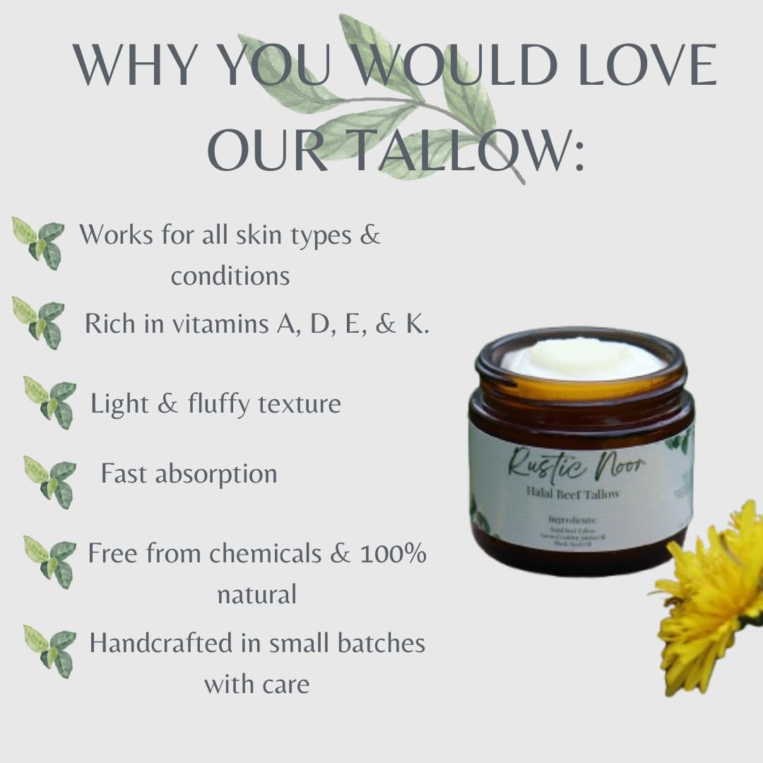 Rustic Noor - 100% Halal Beef Tallow Cream for Skin, Face, & Body. Whipped Moisturizer - 2oz Jar (Handmade in Upstate NY) (2 oz, Unscented)