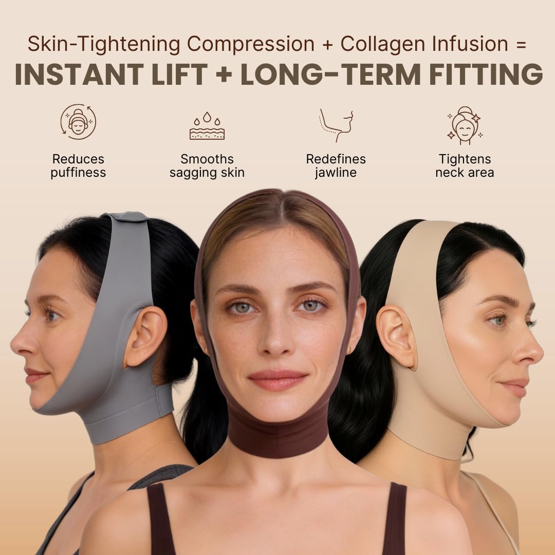SKULT Collagen Face Sculpt Wrap for Chin & Jawline 2 PCS, Reusable Chin Strap for Sleeping, Adjustable Jawline Shaper Mask, Breathable Skin-Friendly Face Wrap (Beige)