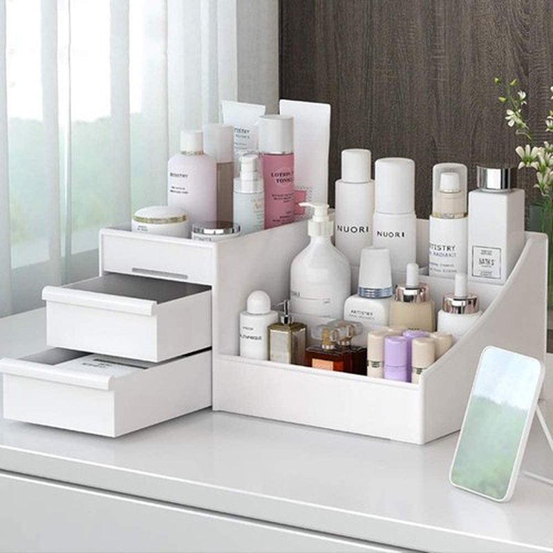 skin care organizer,Makeup Desk Organizer With Drawers,Countertop Organizer for Cosmetics,Vanity brush with Holder for Lipstick, Brushes, Eyeshadow, and Jewelry Desktop Finishing Dresser (White)