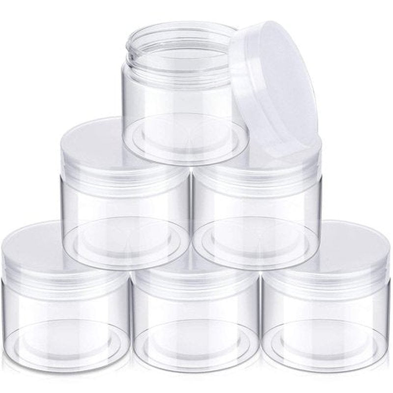 6 Pack Clear Container with Lids Small Plastic Pot Jars Wide Mouth Round Leak Proof Plastic Container Jars with Lid for Travel Storage, Eye Shadow, Nails, Paint, Jewelry (2 oz, Clear)
