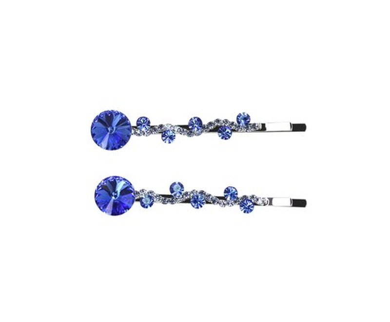 Faship A Pair Of Blue Premium Rhinestone Crystal Floral Hair Clips 2 Pcs Pins - Blue