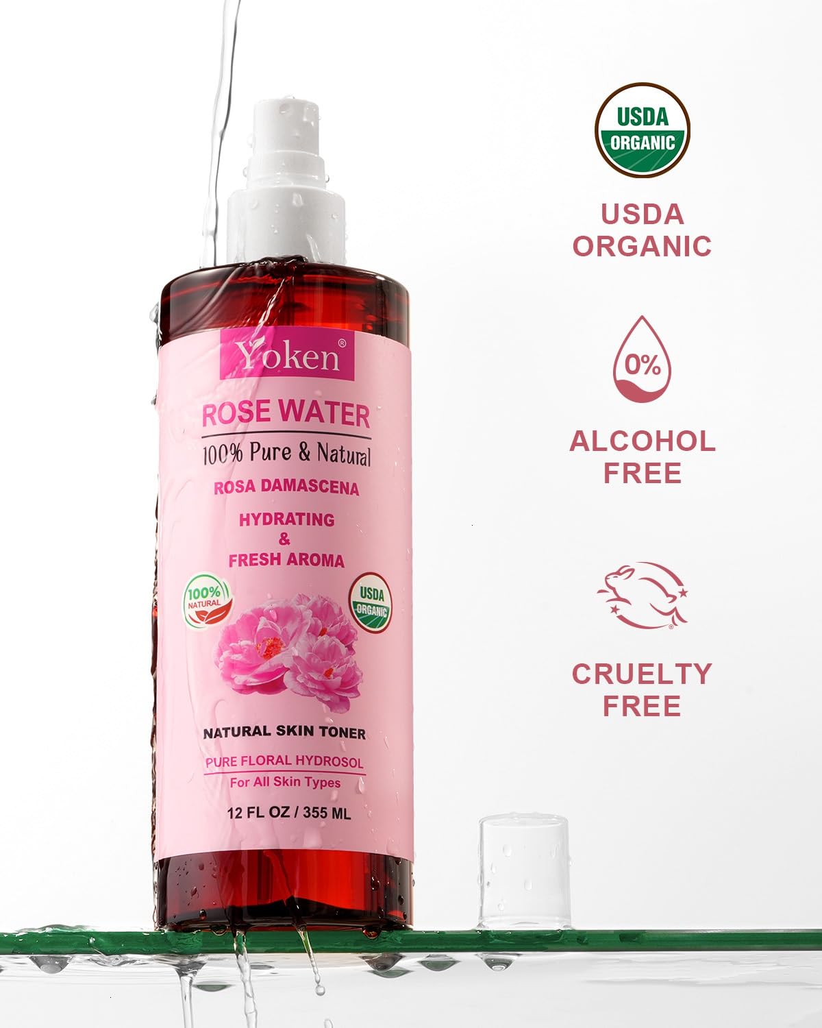 Yoken Organic Rose Water Spray 12oz, USDA Organic Face Mist, Alcohol Free