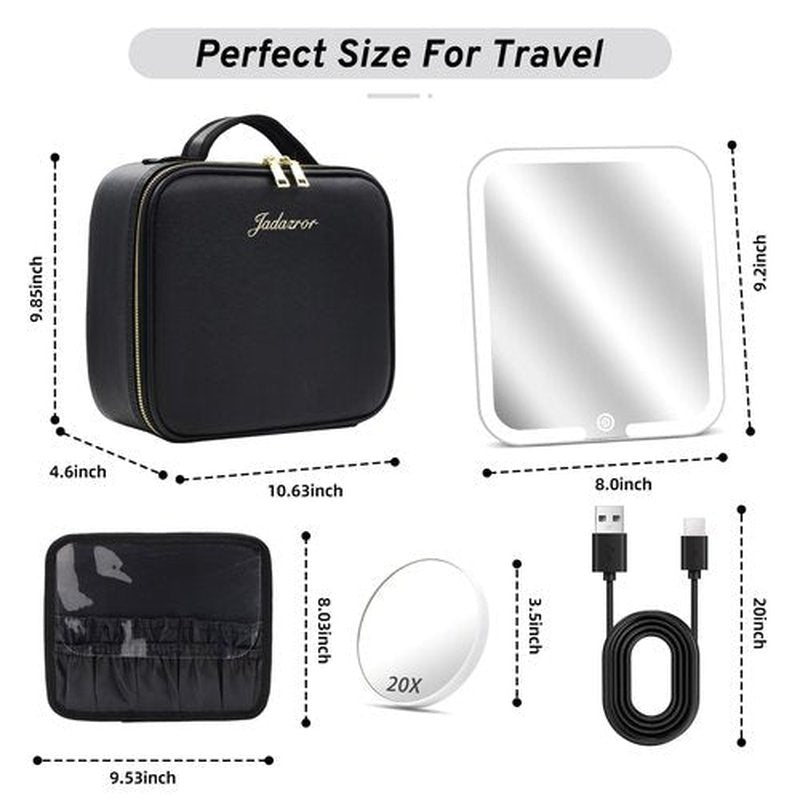 Makeup Bag with Magnetic Detachable Lighted Mirror 360° Swivel Angle, Travel Makeup Bag with Lights Portable Makeup Case Organizer with Mirror, Partition Cosmetic Bag Tools Accessories Train Case Gift