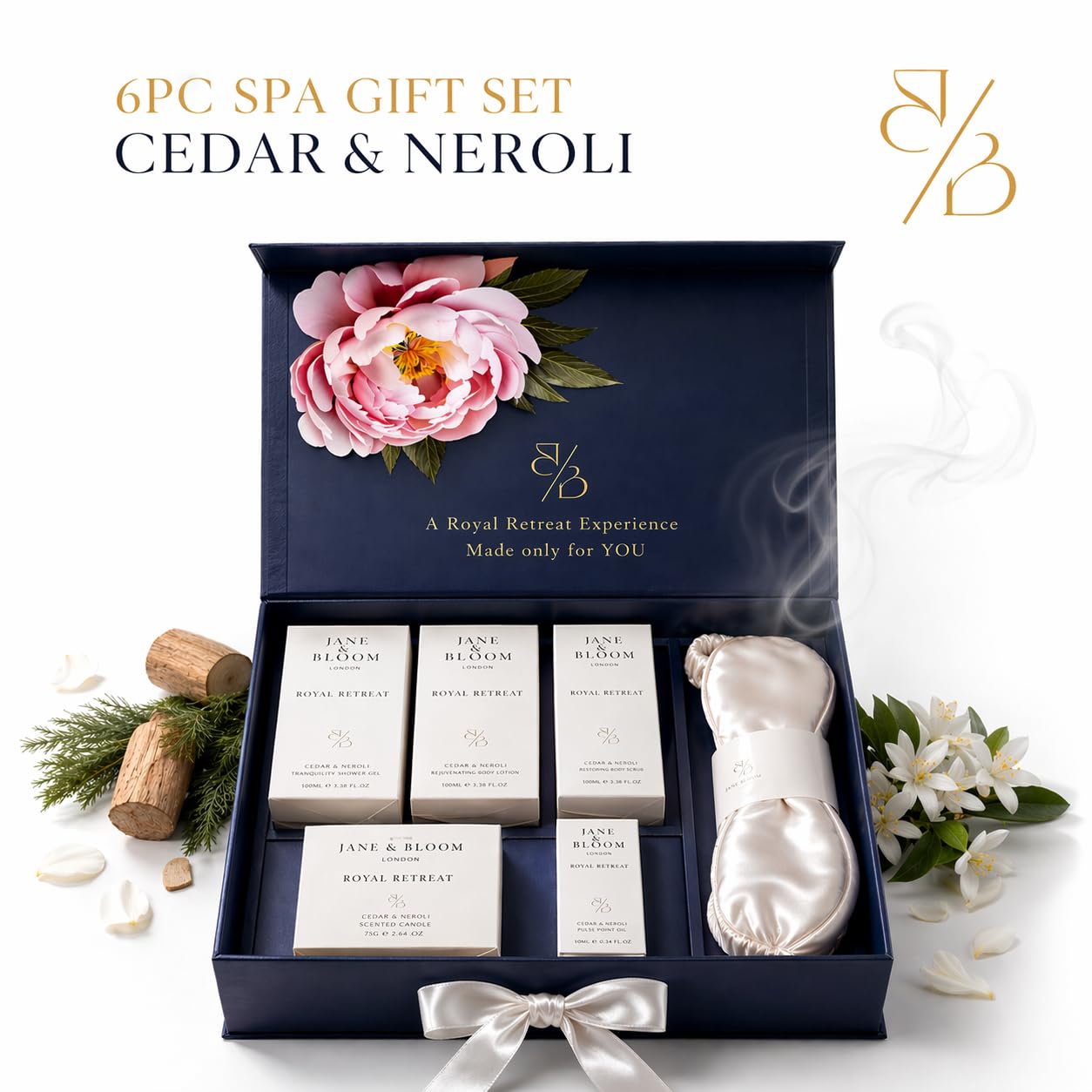 Royal Retreat Luxury Spa Gift Box for Women, Cedar & Neroli Bath and Body Gift Set, Relaxing Home Spa Kit with Bath Salt, Body Scrub, Body Oil, Hand Cream, Eye Mask, Mothers Day Gifts