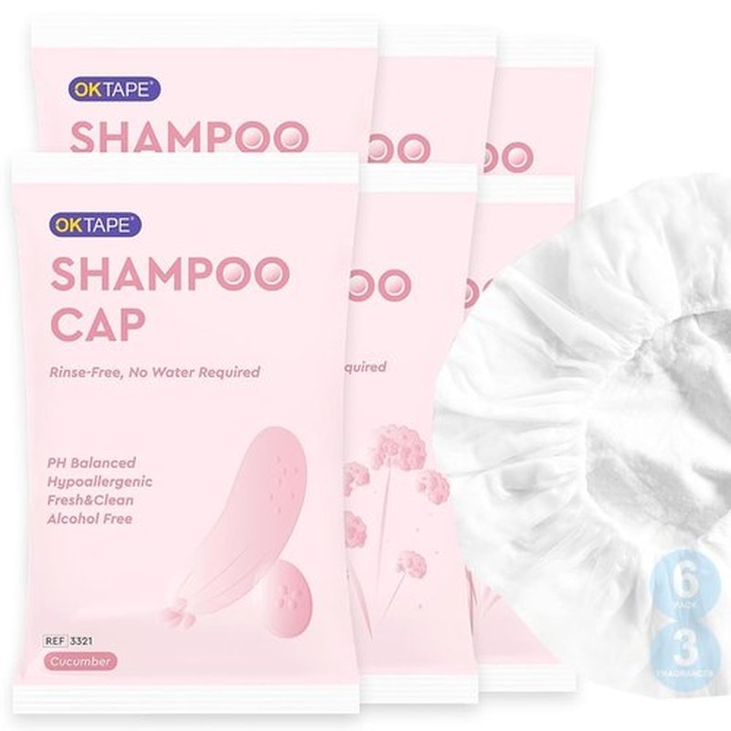 OK TAPE No Water Shampoo Caps (6 Pack) 3 Scents, Rinse Free Shower Cap for Elderly, After Surgery, Camping, Shampoo and Conditioner Hair Wash Cap