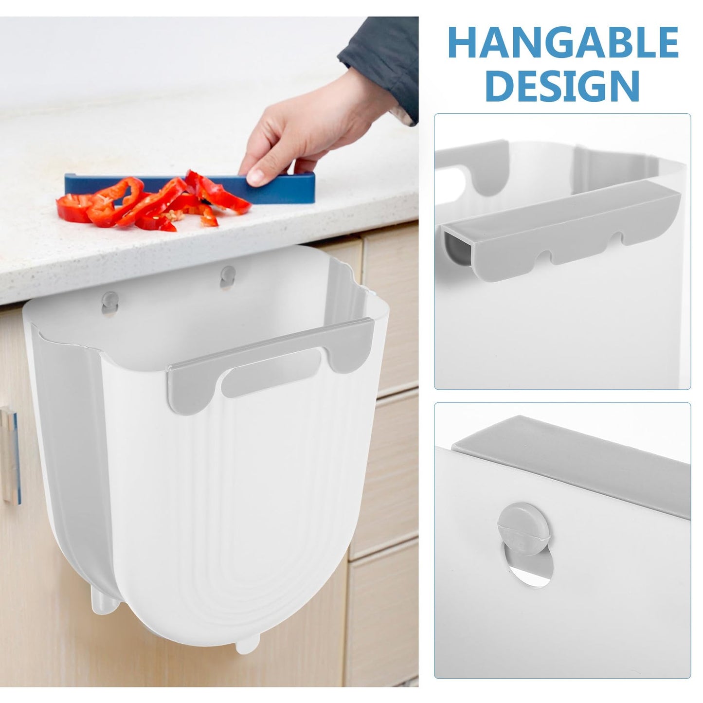 FRCOLOR Kitchen Hanging Garbage Bin Foldable Wall-Mounted Trash Can Large Grey-White Plastic Waste Container for Cabinet Door Kitchen Bathroom Storage