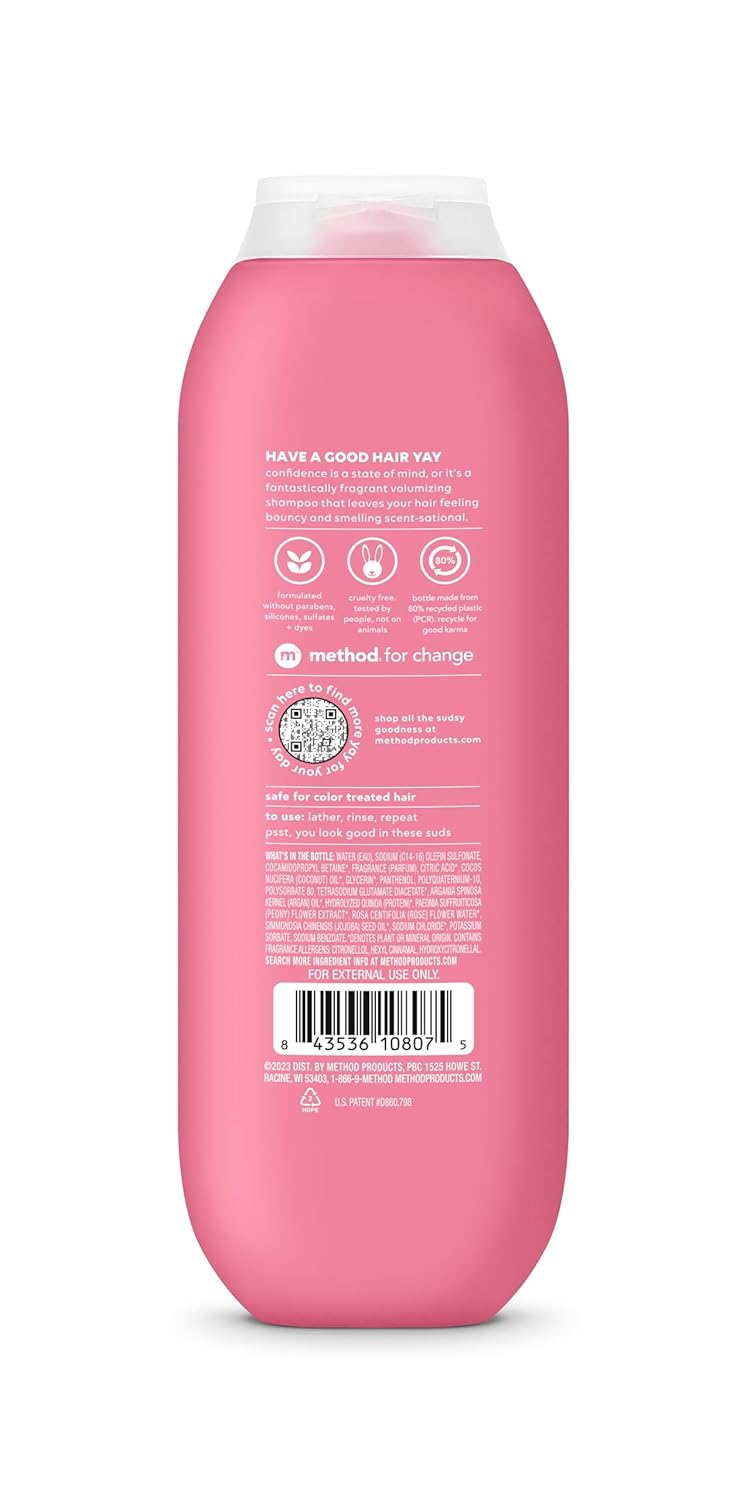 Method Volumizing Shampoo, Pure Peace with Rose, Peony, and Pink Sea Salt Scent Notes, Paraben and Sulfate Free, 14 oz (Pack of 3)