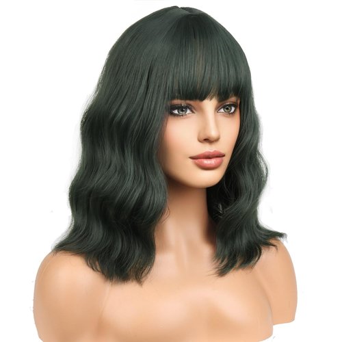 BERON 14 Inches Dark Green Wig for Women Short Curly Wig Green Wig with Bangs Loose Wavy Wig for Daily or Party