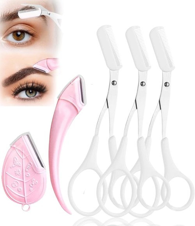 Eyebrow Scissors with Comb and Eyebrow Razor Eyebrow Trimmer for Women Men eye Brow Scissors Non-Slip Eyebrow Cutter Eye Brow Shaper Trimming Scissors Makeup Tool (Pink+White)