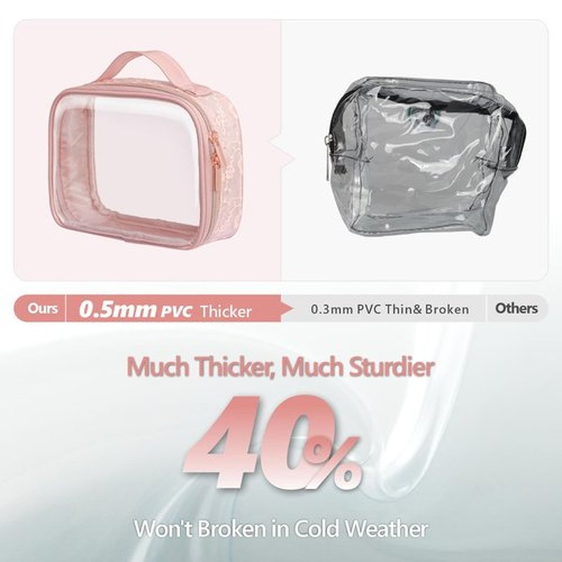 PACKISM TSA Approved Toiletry Bag - Floral Texture Lace Clear Makeup Bags with Handle, Clamshell Closing 180° Opening, Clear Toiletry Bags for Travel Essentials, 0.5 mm Thick, Pink