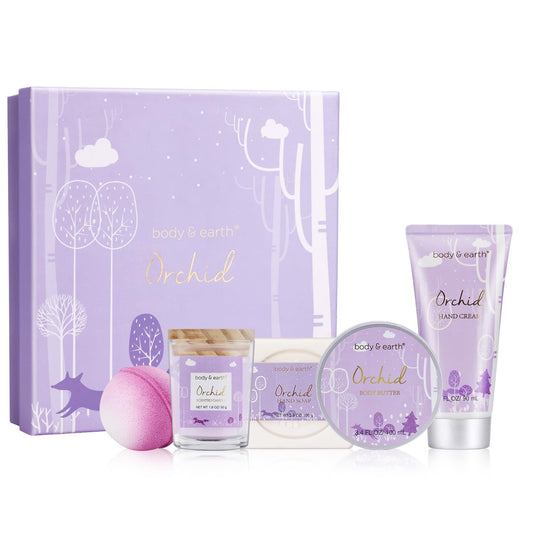 Spa Gifts for Women, Body & Earth 5 Pcs Gifts for Women Orchid Gift Sets for Women, Bath and Body Gifts Set, Valentines Day Gifts for Women, Self Care Bath Gifts for Women