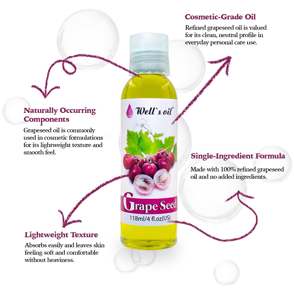 GRAPESEED OIL | 4oz (118ml) | All-Natural | For Hair, Skin & Nails | Moisturizer for Sensitive Skin Types | Refined, Cold Pressed | by Well's Oil