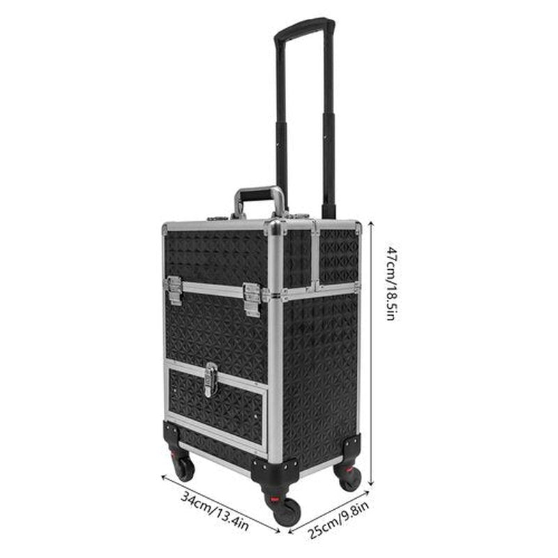 Rolling Makeup Train Case with Drawers&4 Wheel, Professional Aluminum Cosmetic Trolley Cases, Manicure Storage Case, Portable Beauty/Nail Art/Hair Styling Travelling Cart Trunk (Black+Silver)