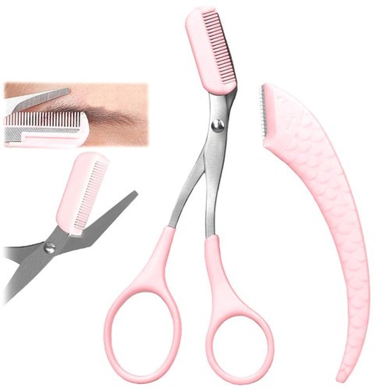 Eyebrow Trimmer Scissor, 2024 Upgraded Stainless Steel Eyebrow Scissors for Women（ or Men ） with Comb，Non-Slip Eyebrow Cutter Hair Removal，Portable Eyebrow Scissors (Pink 1pc)