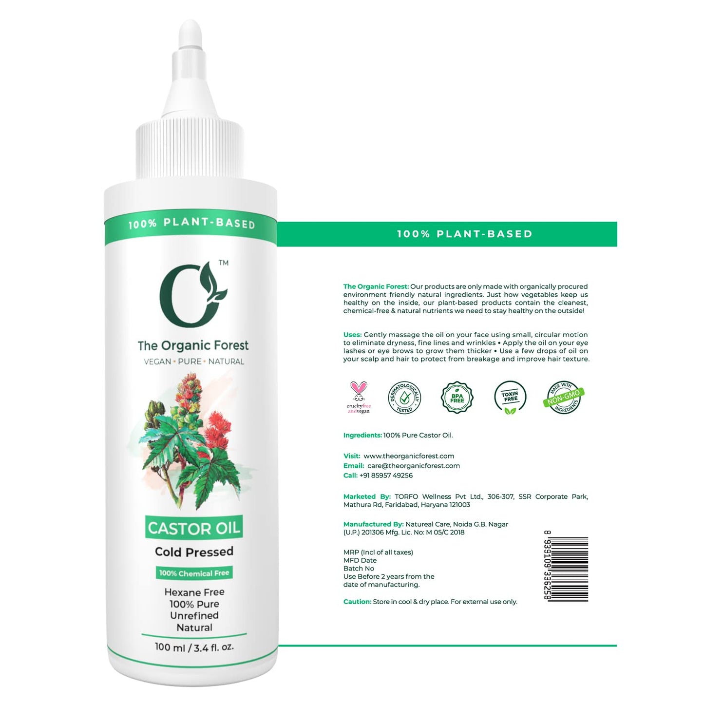 Organic Cold Pressed Castor Oil for Hair, Skin, Eyelashes, Eyebrows - 100% Pure, Hexane-Free, Natural Face Oil for Skin and Hair nourishment - Best Castor Oil for Eyelash and Eyebrow enhancement