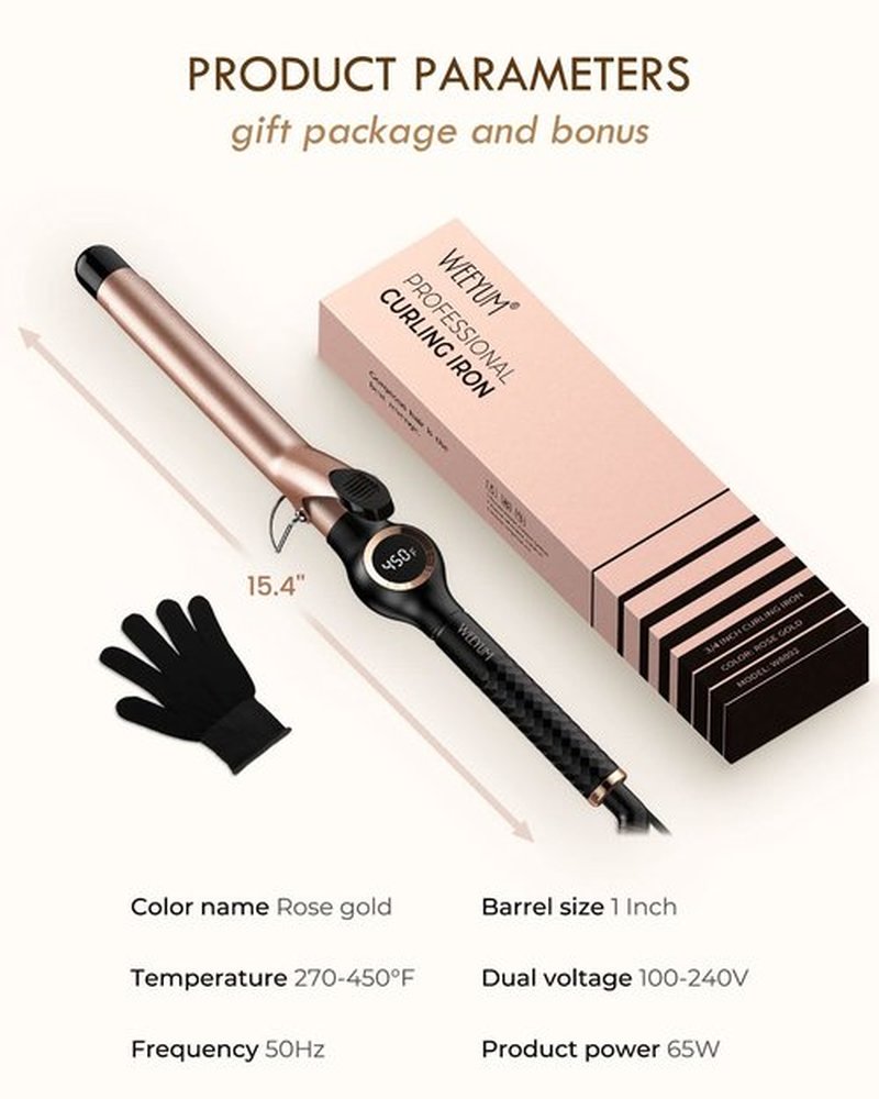 Curling Iron 1 Inch Barrel, Long Barrel Curling Wand for Hair, Ceramic Tourmaline Hair Curling Iron Dual Voltage