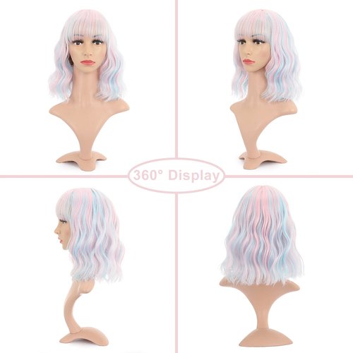 VCKOVCKO Natural Wavy Wig With Air Bangs Short Bob Piano Color Wigs Women's Shoulder Length Wigs Curly Wavy Synthetic Cosplay Wig Pastel Bob Wig for Girl Colorful Wigs(12",Pink & Sky Blue Mixed)