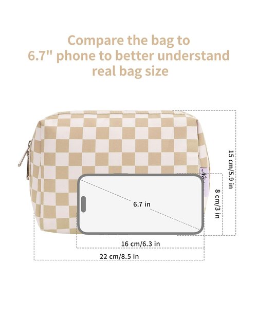 Narwey Large Checkered Makeup Bag Zipper Pouch Travel Cosmetic Bag Organizer for Women (Large, Light Checkerboard)