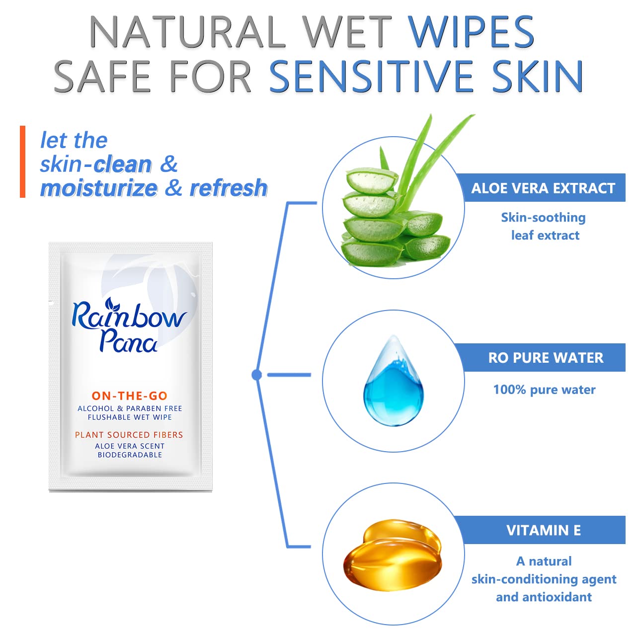 RainbowPana Flushable Wipes - 120 Count, ON-THE-GO Individually Wrapped - Travel Butt Wipes for Men and Women, Family - Infused with Vitamin E and Natural Aloe, pH Balanced, Paraben/Fragrance/Alcohol Free, 100% Plant Sourced Fibers - Cleanse and Moisturiz