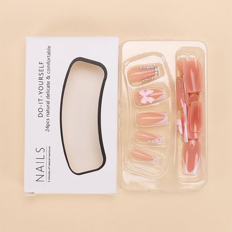 French Tip Press on Nails Medium Square Full Cover Nude Fake Nails with Charms Reusable Bow False Nails Flower Glue on Nails Rhinestones Acrylic Nails for Women Girls Manicure Nail Decoration 24 Pcs
