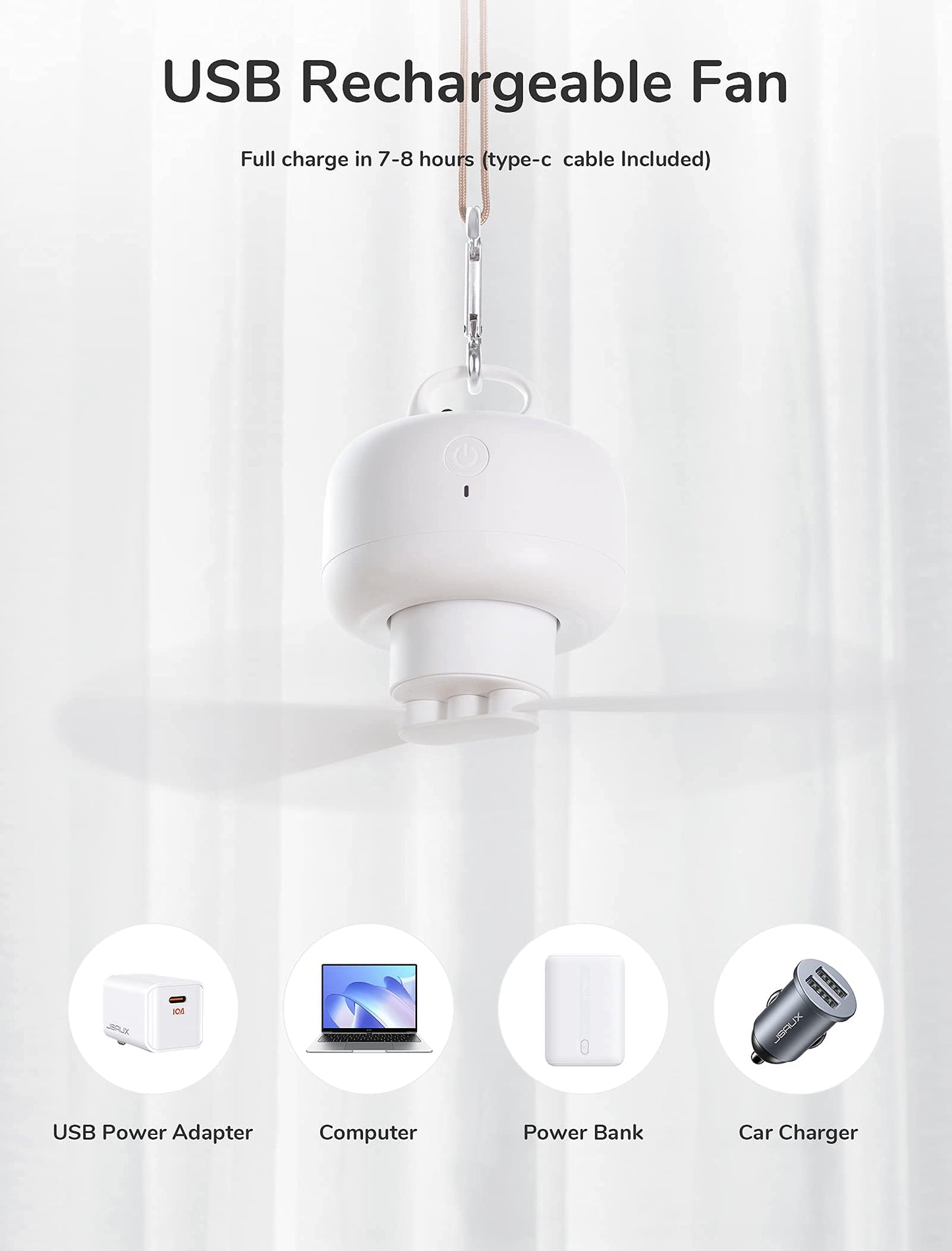 JISULIFE Camping Fan 8000mAh Battery Operated, Portable Tent Rechargeable with Remote Control, Detachable Fan-Blades, Hanging Hook, Timer, 4 Speeds for Outdoor Dorm-White