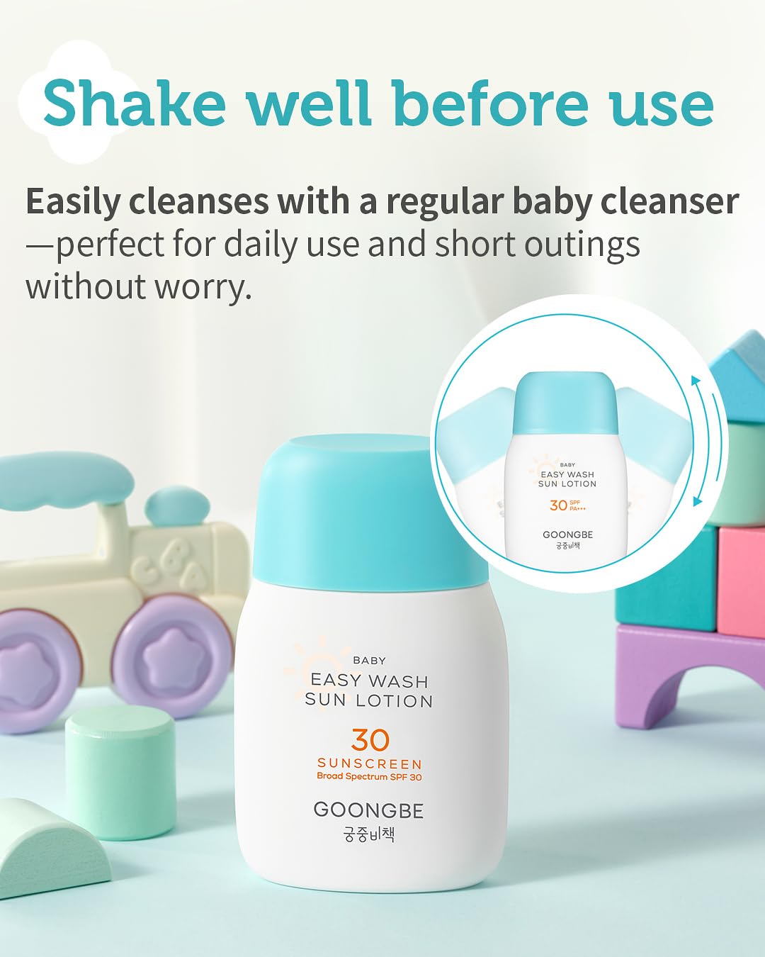 GOONGBE Baby Easy Wash Sun Lotion SPF 30 & Soothing Water Gel Cream - Korean Zinc Oxide Mineral Sunscreen & Cooling Moisturizer - Vegan Hypoallergenic for Ages 0-3, Lotion 2.11oz & Gel Cream 3.38oz