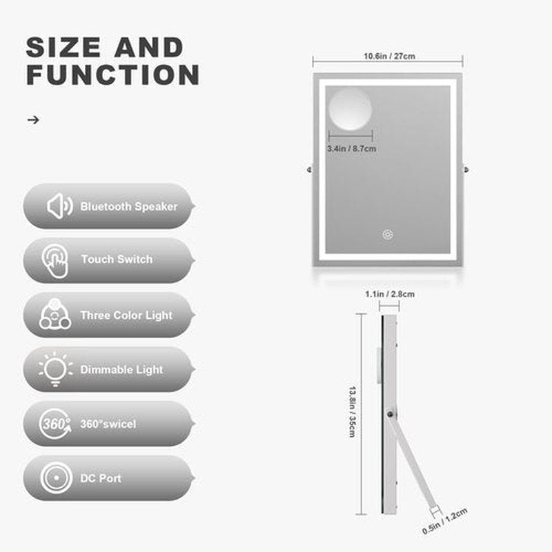 Hasipu Vanity Mirror with Lights and Bluetooth Speaker, 9.8" x 11.8" LED Makeup Mirror with Smart Touch 3 Colors Dimmable, Brightness Adjustment, 360° Rotation, White