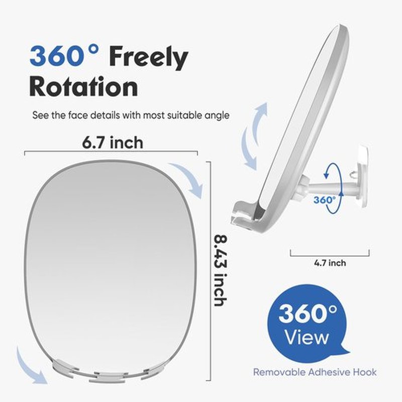 COSMIRROR Shower Mirror Fogless for Shaving with Updated Adhesive,360° Rotation,Two Razor Holders No-Drilling Fogless Mirror for Shower, Shatterproof & Waterproof Bathroom Shaving Mirror Grey