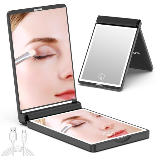 wobsion 300 Flip Folding Travel Mirror, 1x/3x Magnifying with 23 LEDs, Touch Dimmable, Rechargeable, Magnetic Switch, Black
