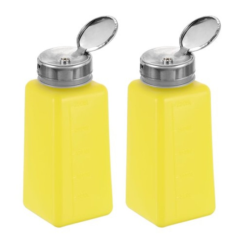 HARFINGTON 2pcs Solvent Alcohol Dispenser 250ml(8.8oz) Nail Polish Remover Push Down Liquid Dispenser Pump Bottle with Stainless Steel Press Head for Acetone Cleanser Polish Remover, Yellow