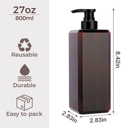 Suream 27oz Bathroom Countertop Soap Dispensers, Plastic Lotion Dispenser, Refillable Cosmetic Pump Dispensers, Square Bathroom Shower Containers for Shampoo, Body Wash, Hand Soap, Oil