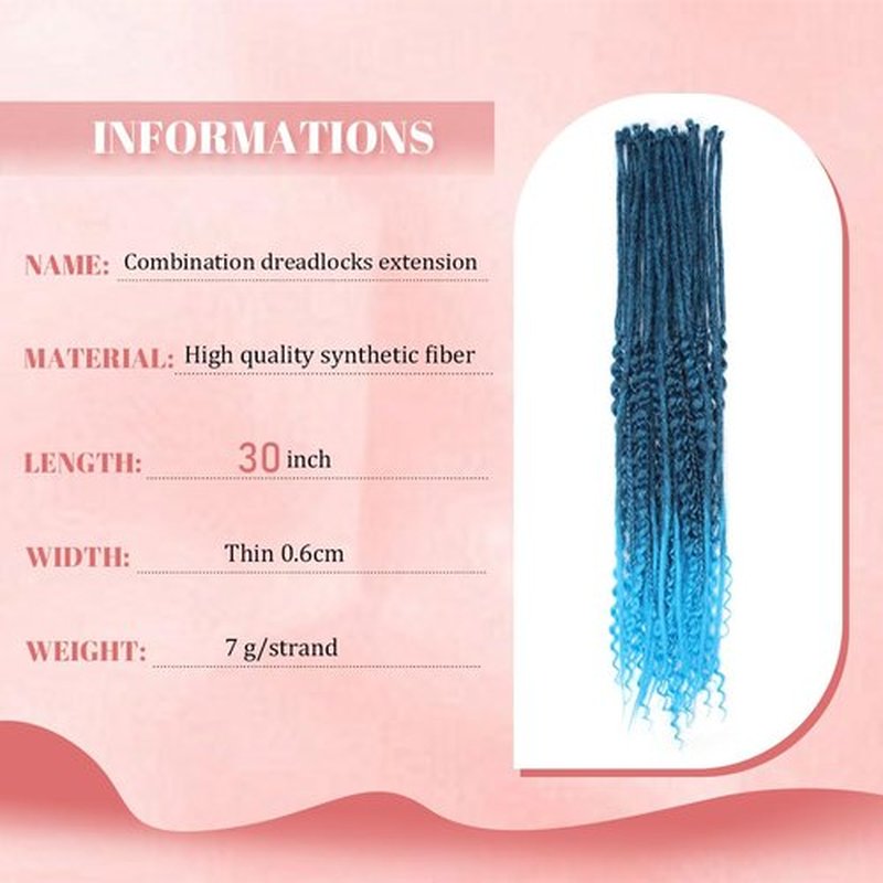 Quiduis 30 Inch 30 Strands SE Dreadlock Extensions,3 In 1 Mixed Synthetic Dreads Extensions,Black to Blue Curly&Straight&Boho Single Ended Dreads Extensions Hippie Style Dreadlock for Women
