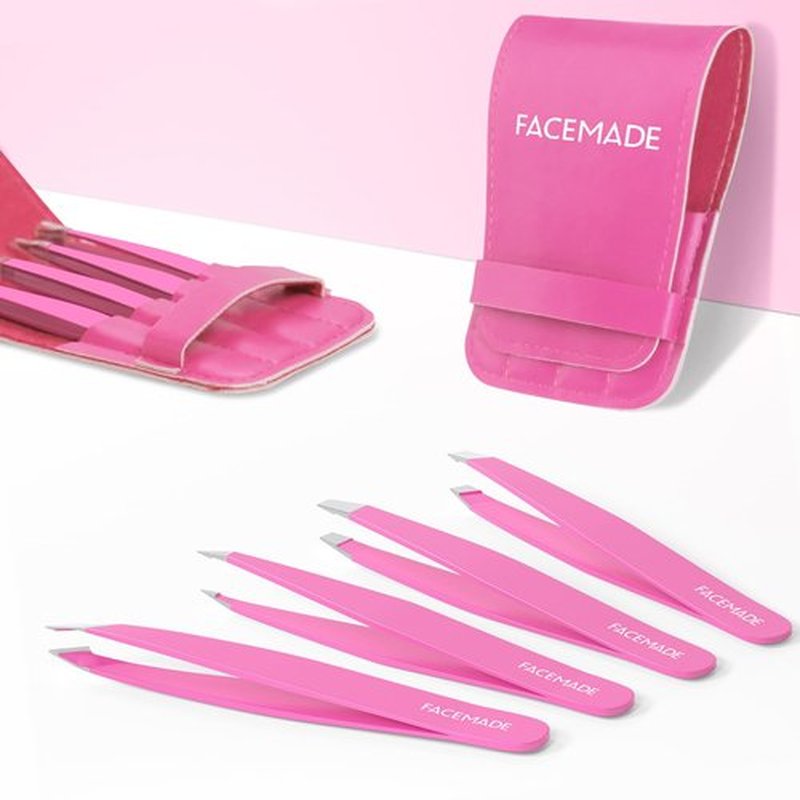 FACEMADE 4 Pack Tweezers Set - Professional Stainless Steel Tweezers for Men and Women, Precision Eyebrow Tweezers for Facial Hair, Chin, and Ingrown Hair Removal (Rose Red)