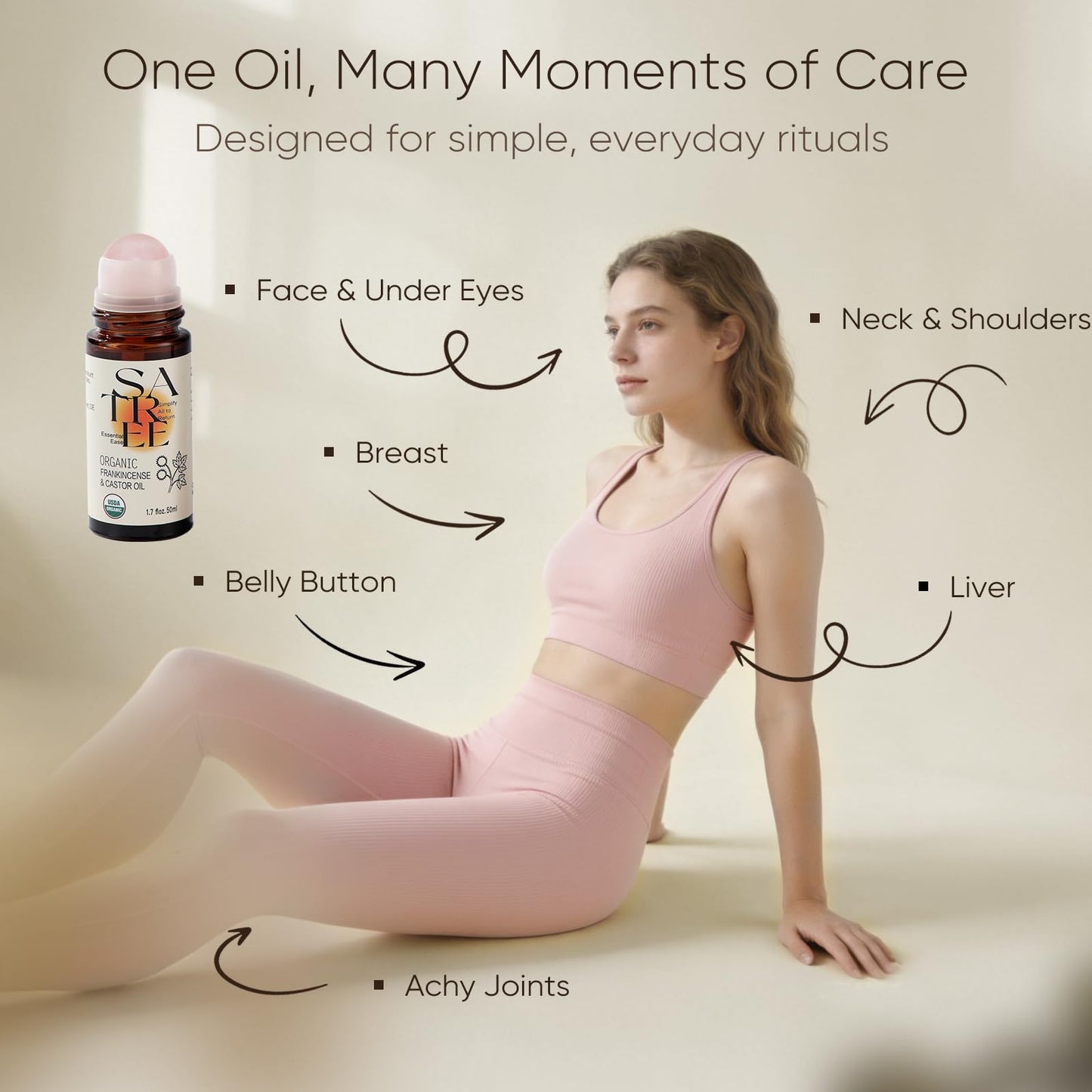Organic Castor & Frankincense Oil Roll-On with Rose Quartz Roller 1.7 Fl Oz