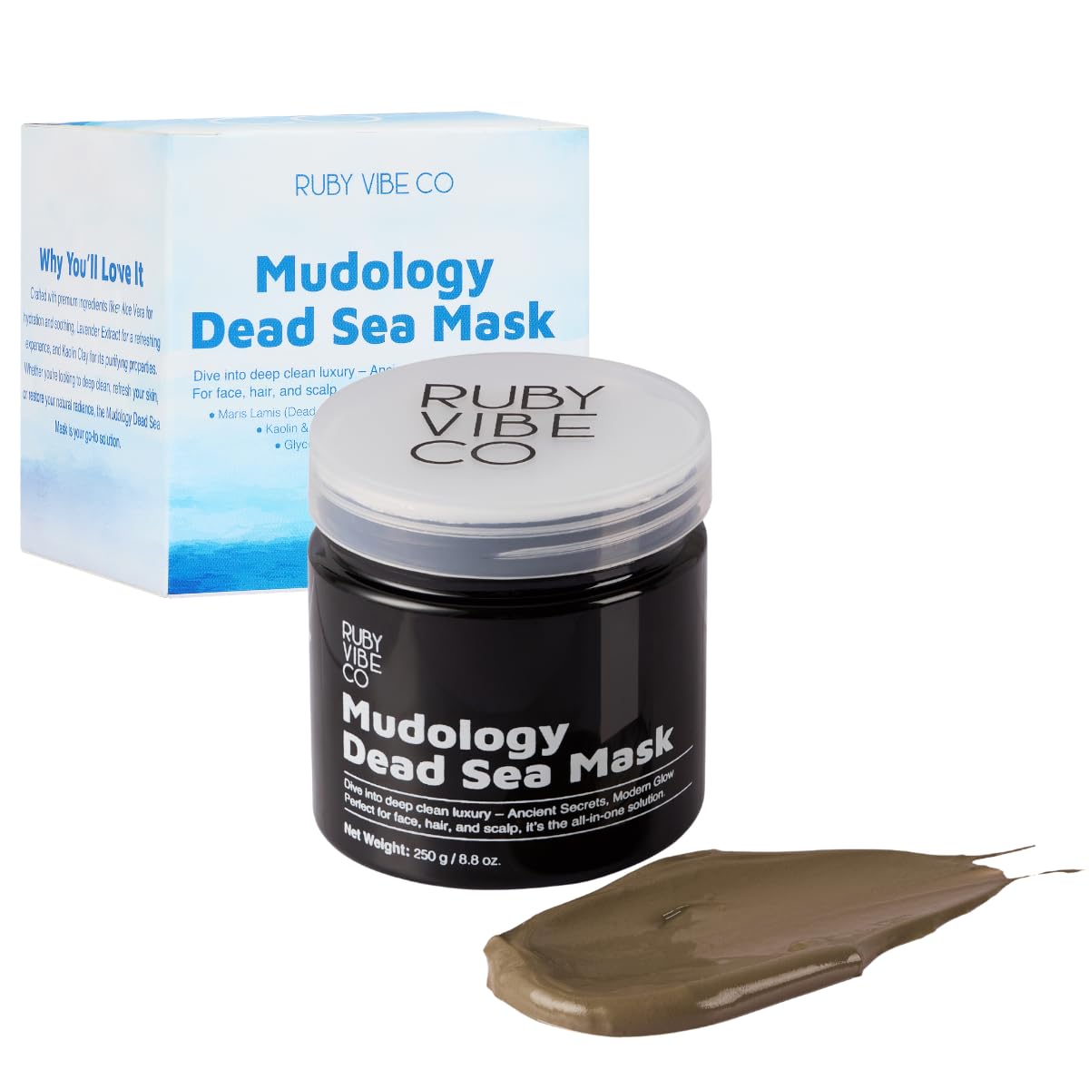 RUBY VIBE CO Mudology Dead Sea Mud Mask, Clay Mask for Face, Body & Hair, Deep Pore Cleansing, Detox & Oil Control for Smooth, Radiant Skin, 250g/8.8oz