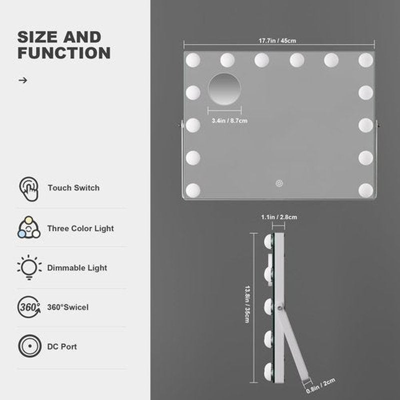 Hasipu Vanity Mirror with Lights, 17.7" x 13.8" Hollywood Mirror, Makeup Mirror with 14 Dimmable Bulbs and 10X Magnification, 3 Colors Modes, Touch Control, 360° Rotation, White