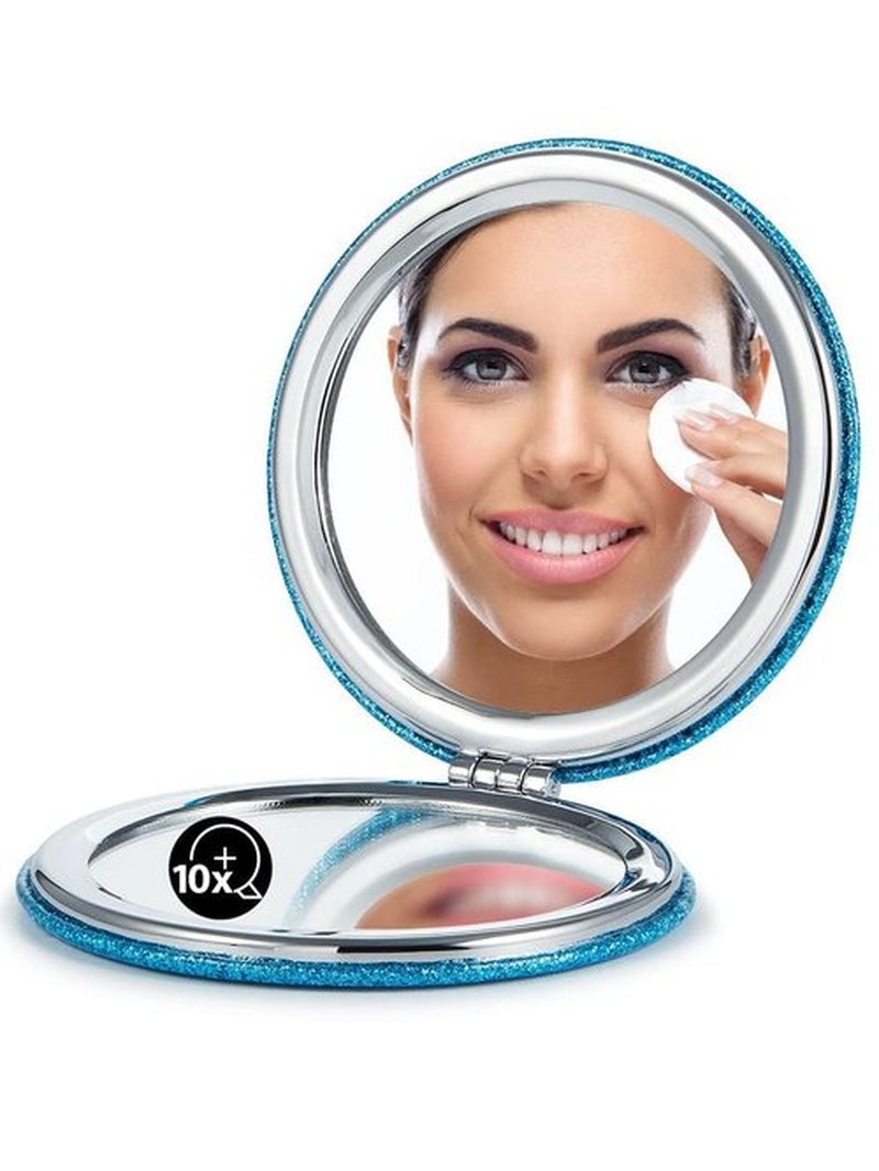 OMIRO 1X/10X(300R) Magnifying Compact Mirror with PU Leather, Ultra-Portable for Purses and Travel, Round Blue