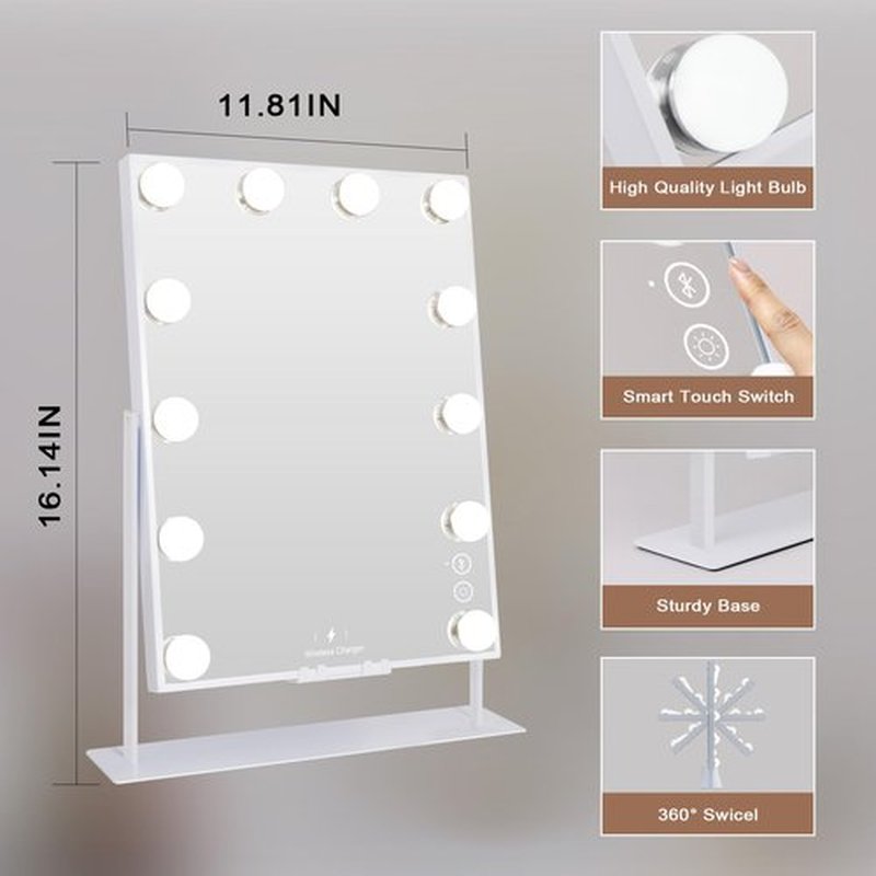 Leishe Hollywood Vanity Mirror with Lights and Speaker Lighted Makeup Mirror with Wireless Charging and 3 Lighting Modes, Detachable 10x Magnification (11.81" x 16.14")