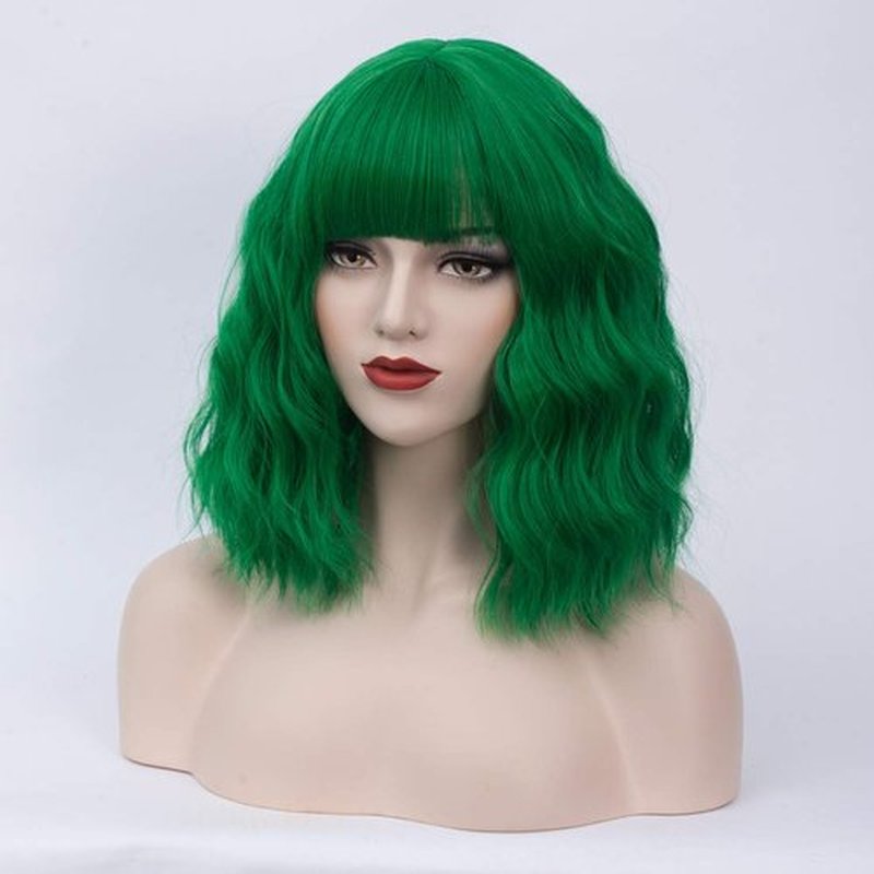 BUFASHION 14" Women Short Wavy Curly Wig Green Bob Wig Cosplay Halloween Synthetic Wigs Wigs With Neat Bang Wig With Free Wig Cap (Green 1)