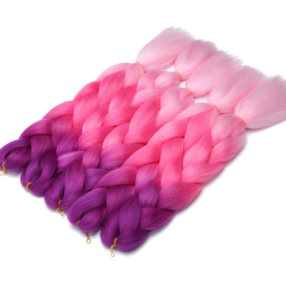 24" Ombre Jumbo Braiding Hair Extensions Jumbo Braid Hair Ombre Long Jumbo Braids For Box Twist Braid Crochet Hair High Temperature 3 Tone Colored (3 Bundles, Purple to Rose Red to Pink)