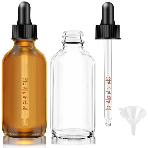 Bumobum 2 oz Clear and Amber Bottle, 2 pack Glass Dropper Bottles for Essential Oils Bottles with Funnel, Labels and Measured Dropper - Leakproof Lap dispensing Bottles