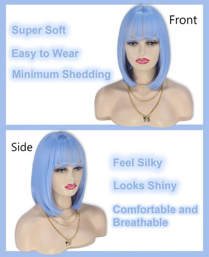MaxlaceWig Blue Bob Wig with Bangs for Women, 12 Inch Short Light Blue Straight Bob Wigs, Natural Looking Synthetic Heat Resistant Fiber Wig for Girls Daily Party Use, Light Blue Colorful Cosplay Wig