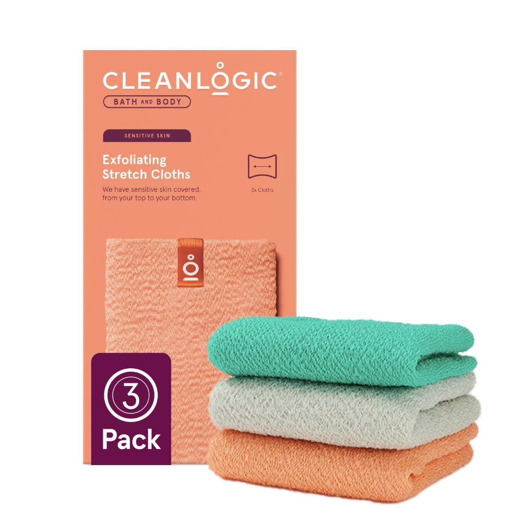 Cleanlogic Body Exfoliating Cloth, Stretchy Organic Sustainable Cotton Exfoliator Bath and Shower Washcloths, Reusable Daily Skincare Tool, 3 Count