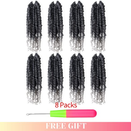 The BOHOBABE Pre-twisted Passion Twist Crochet Hair 10 Inch Short Ombre Gray Pre-looped Crochet Passion Twist Braiding Hair 8 Packs (T1B/grey)