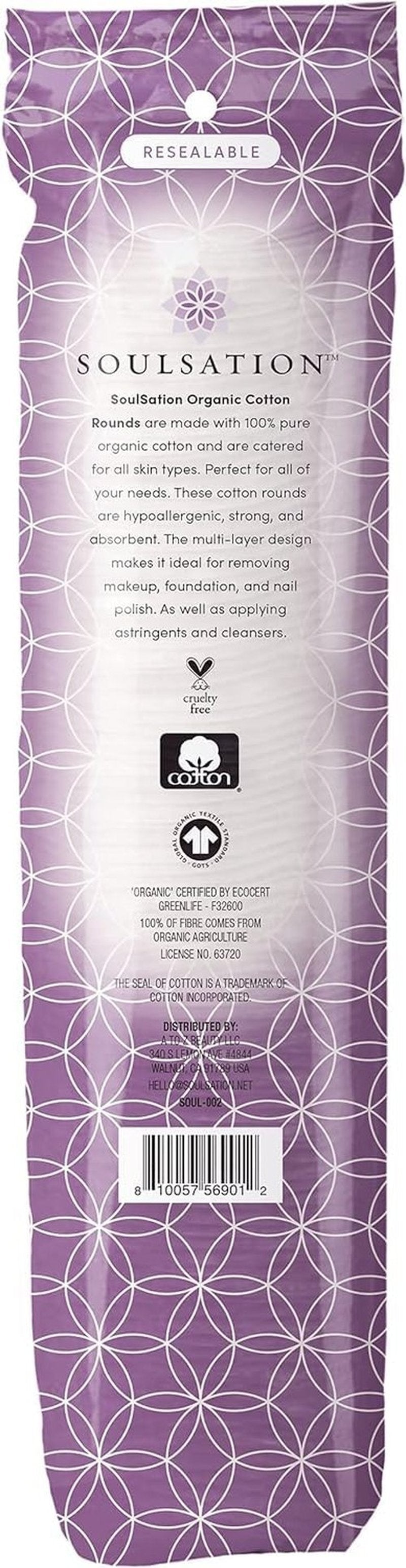 SoulSation Organic Cotton Rounds, Bulk 1200 Count - Makeup Remover Pads for Face, Lint-Free