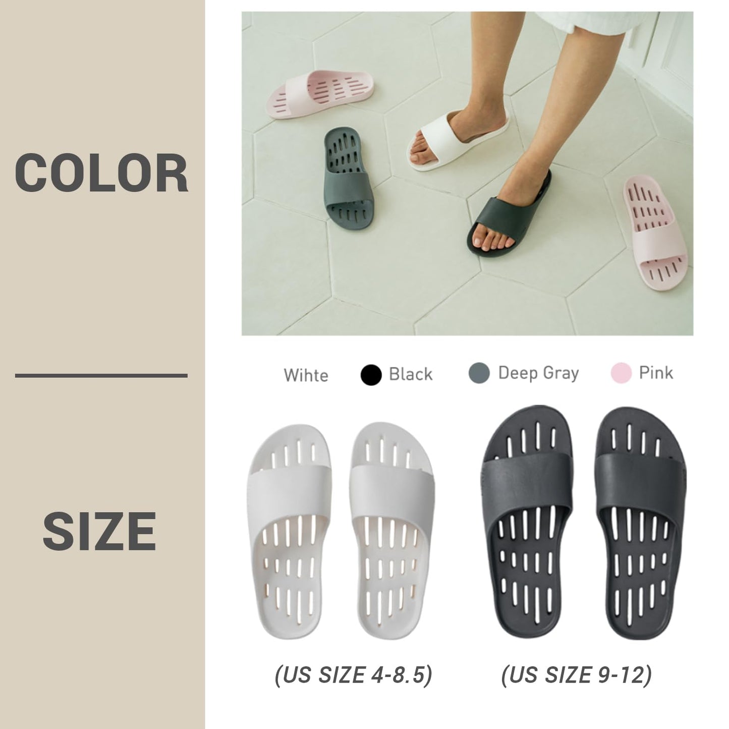DEARCUS Shower Slippers with Comfortable Anti Slip Pad - Quick Drying Slippers with Drainage Holes – Non Slip Thick Sole Sandals – Open Toe Home Slippers – Piu Meno, Deep Grey, For Men (9-12)