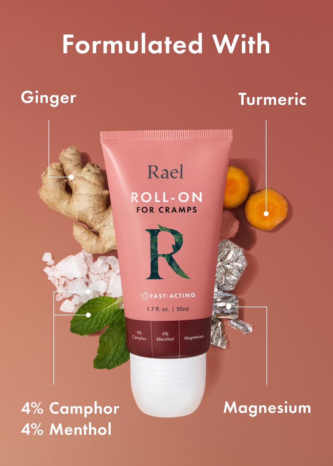 Rael Pain Relief Cream Roll-On – Fast-Absorbing Formula with Camphor, Menthol, and Magnesium, Essential for Women (1.7 fl oz, 50 ml)
