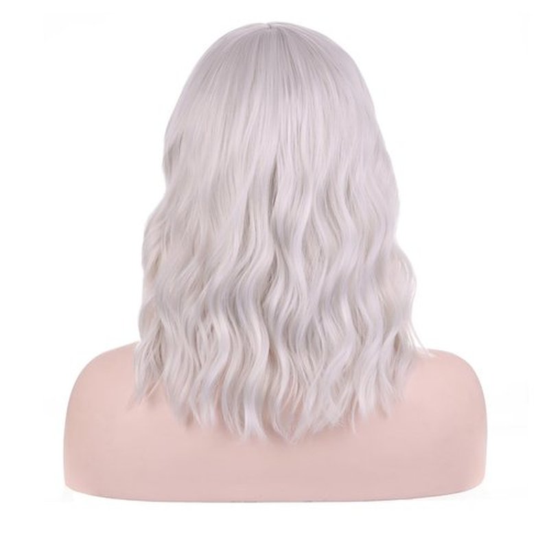 DUDUWIG Short Curly Silver White Wig with Bangs Synthetic Cosplay Hair Wig