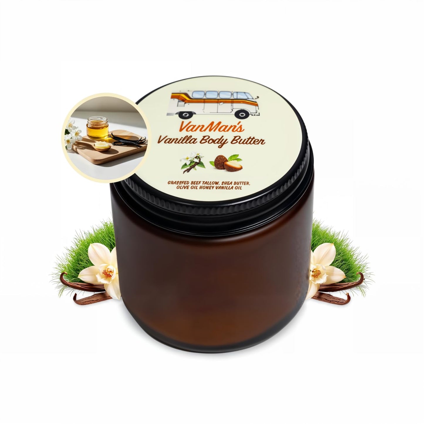 Vanman's Whipped Tallow - Vanilla Body Butter - Body Moisturizer with Grass-Fed/Finished Beef Tallow for Skin, Vanilla Planifolia Oil, Organic Shea Butter, Cold Pressed Olive Oil, Raw Honey - 2.9 oz